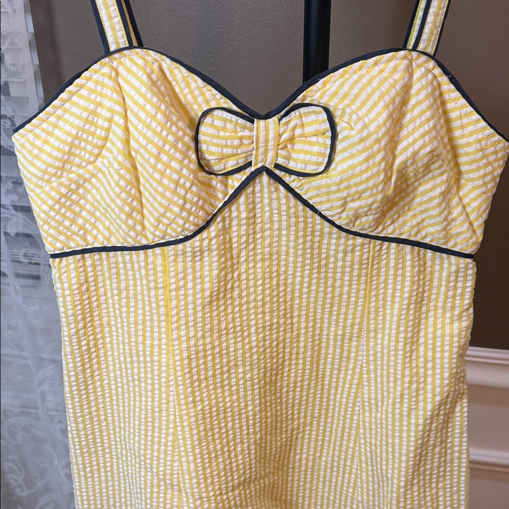 Anthropologie Viola Yellow Seersucker Bow Dress Lemon Stripe Size 6 - Picture 3 of 10